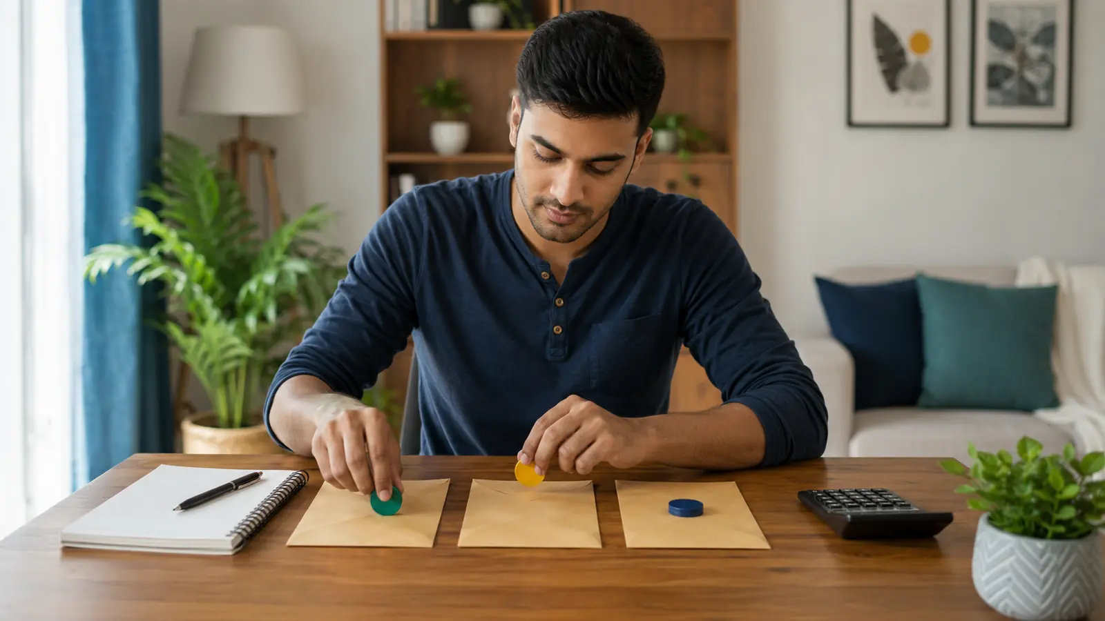 Indian professional dividing a monthly plan into three budgeting envelopes