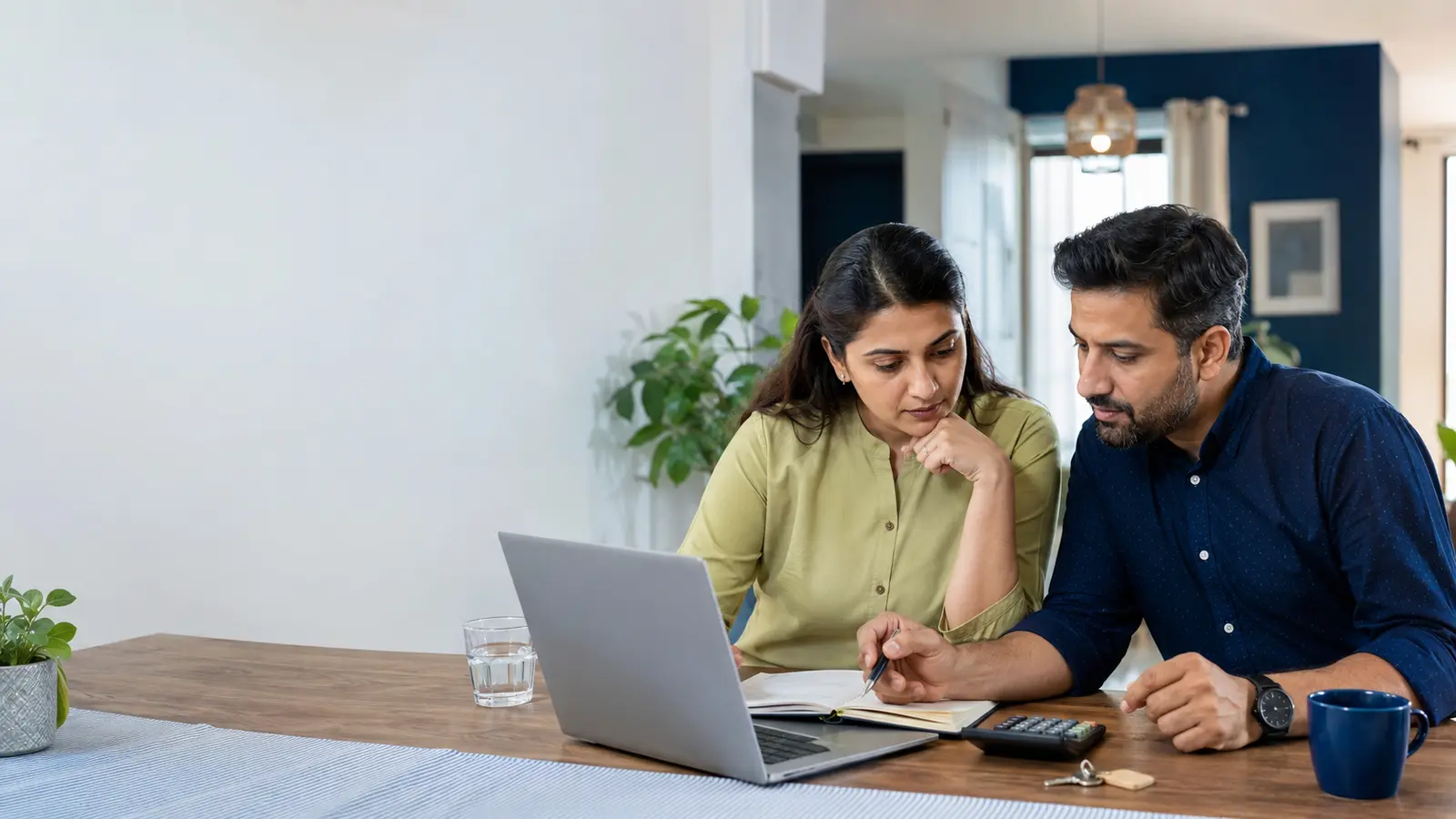 Indian couple stress-testing a home loan and withdrawal plan with a laptop, calculator and house keys
