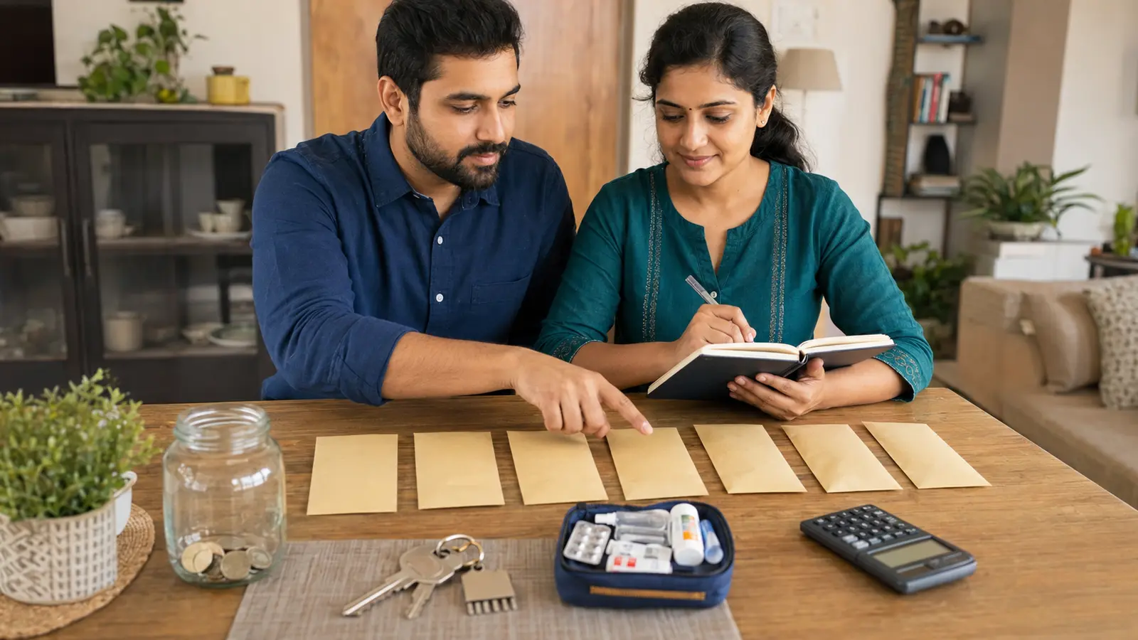 Indian couple planning several months of essential expenses for an emergency fund
