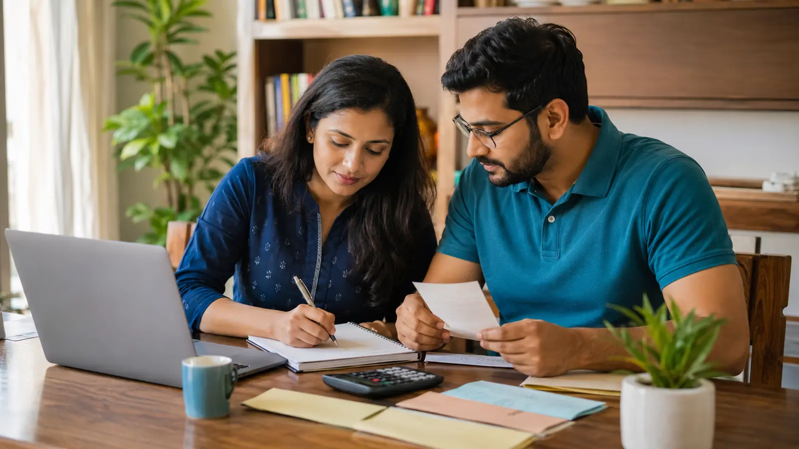 Indian couple creating a practical monthly household budget with a notebook and calculator