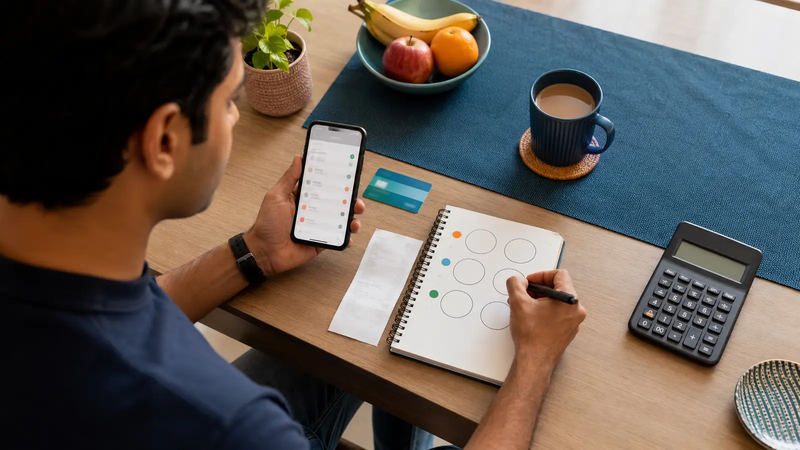 Indian professional categorizing daily expenses from receipts, a phone and a notebook