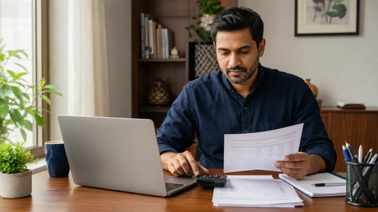 Indian taxpayer using an income tax calculator with salary and deduction documents
