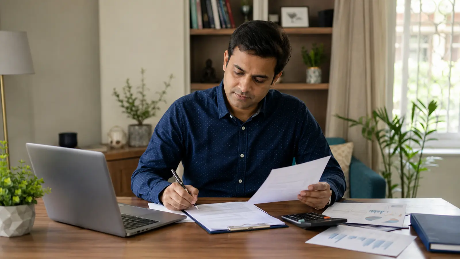 Indian salaried professional preparing an ITR-2 return with investment and capital gains documents