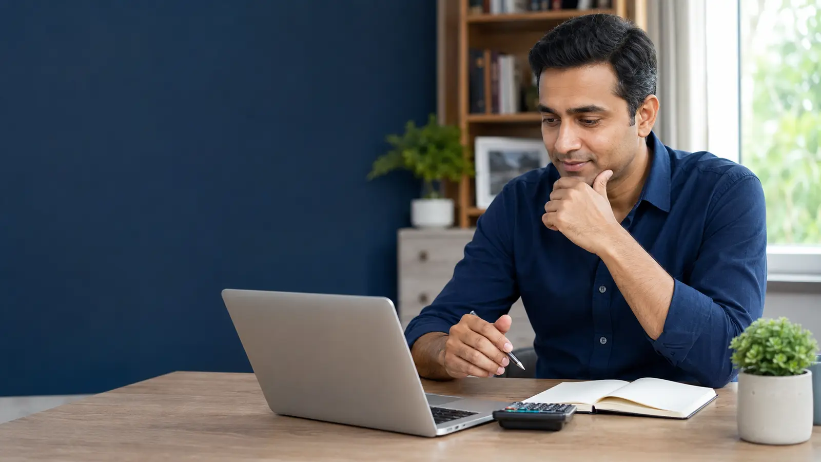 Indian professional reviewing a long-term lumpsum investment plan with a laptop and calculator