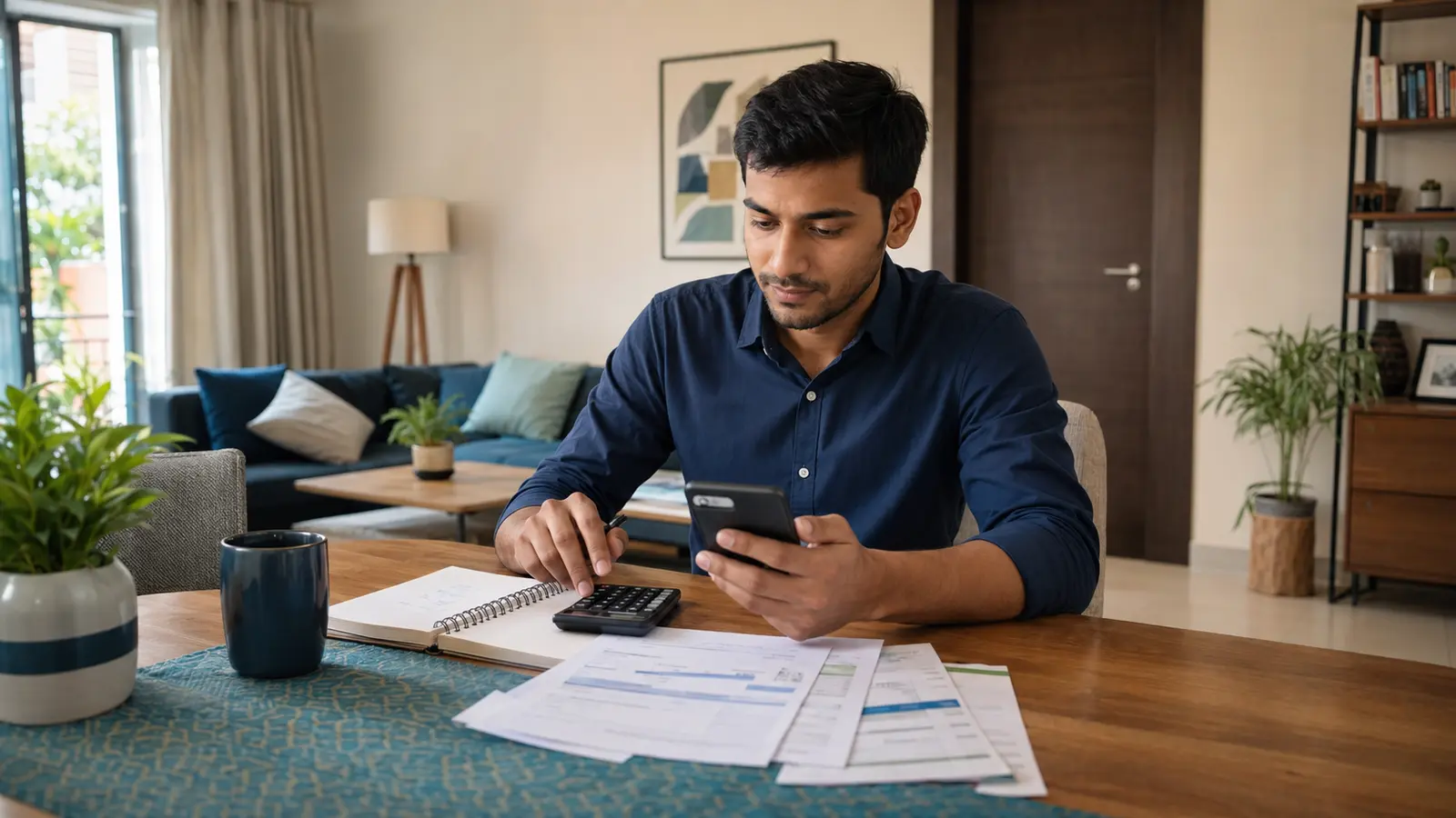 Indian salaried professional comparing a personal loan EMI with a calculator and monthly budget