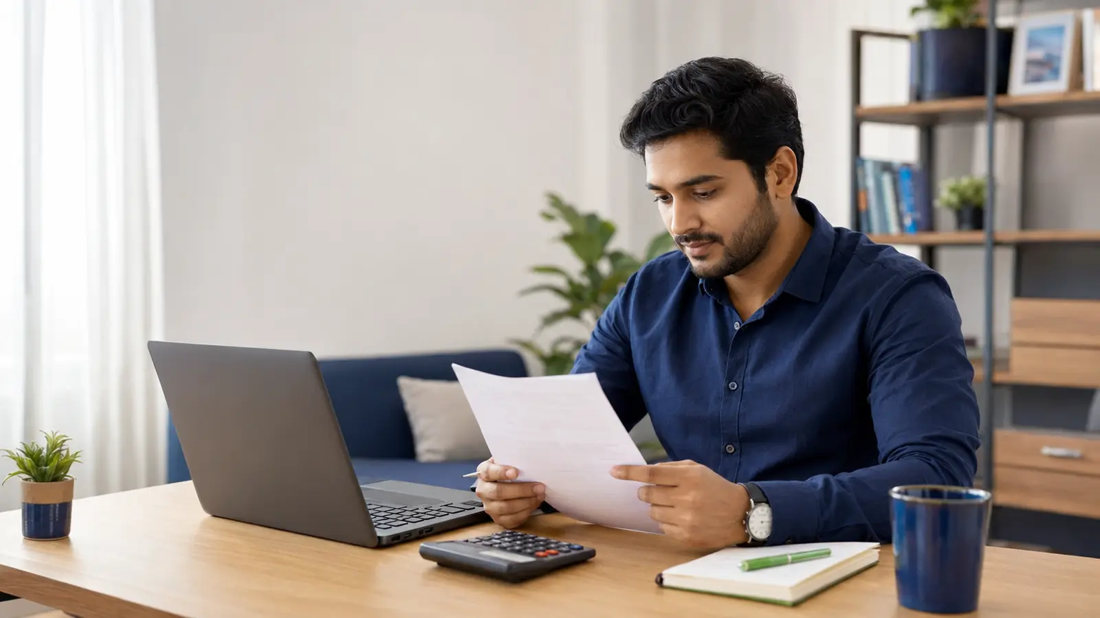 Indian salaried professional reviewing a pay statement and in-hand salary plan with a calculator