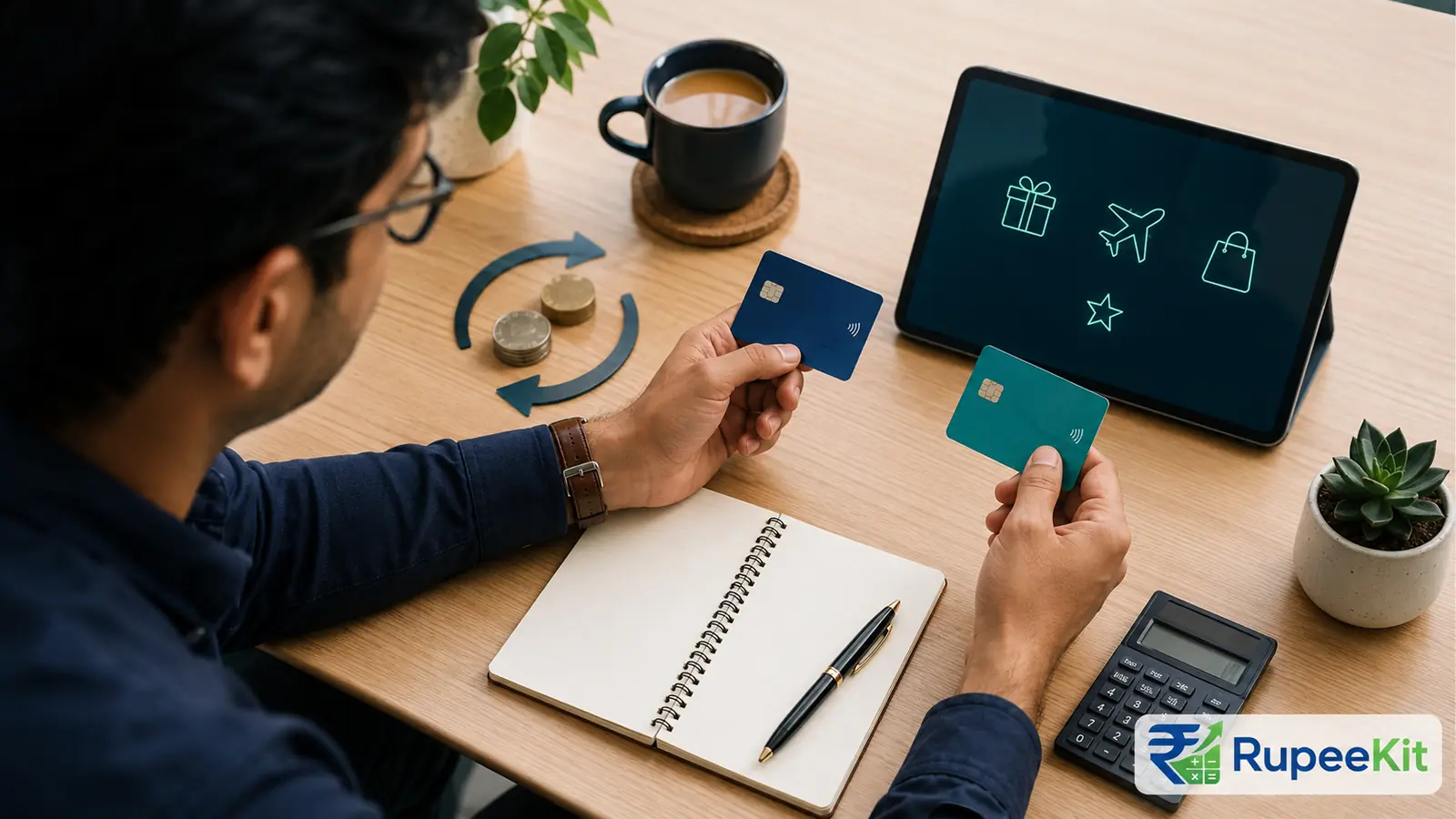 Indian professional comparing two unbranded credit cards using cashback and reward icons, a notebook and calculator