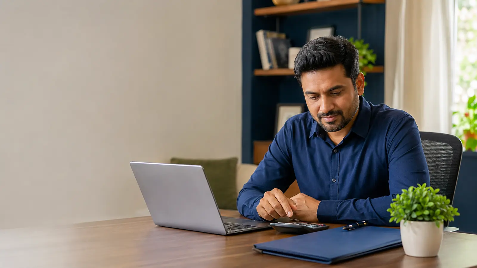 Indian employee planning an EPF retirement corpus with a laptop, calculator and savings folder