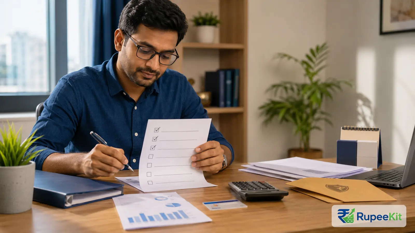 Indian salaried professional reviewing a mid-year financial checklist with tax, insurance, savings and investment papers
