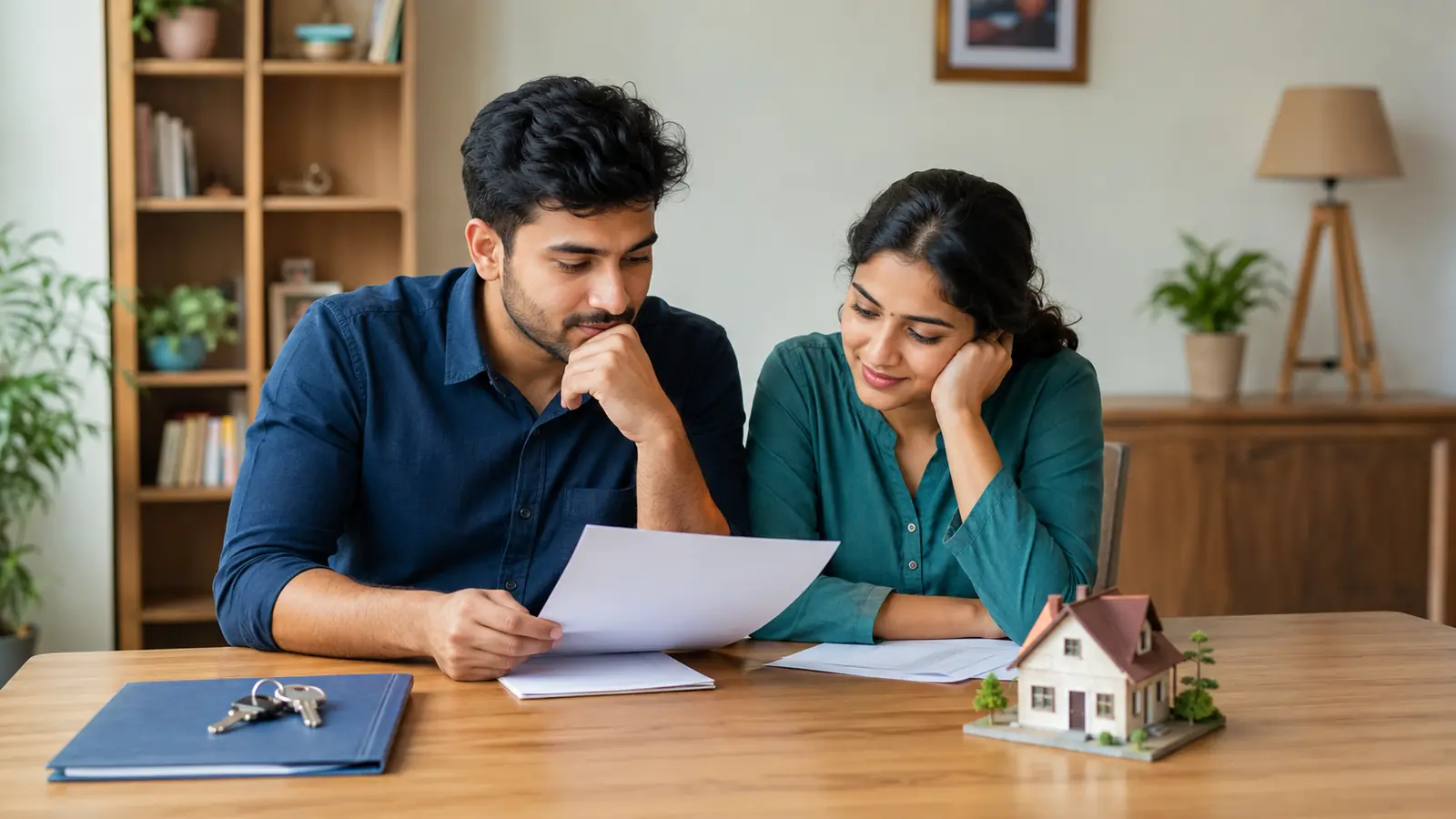 Indian couple comparing the financial implications of renting and buying a home