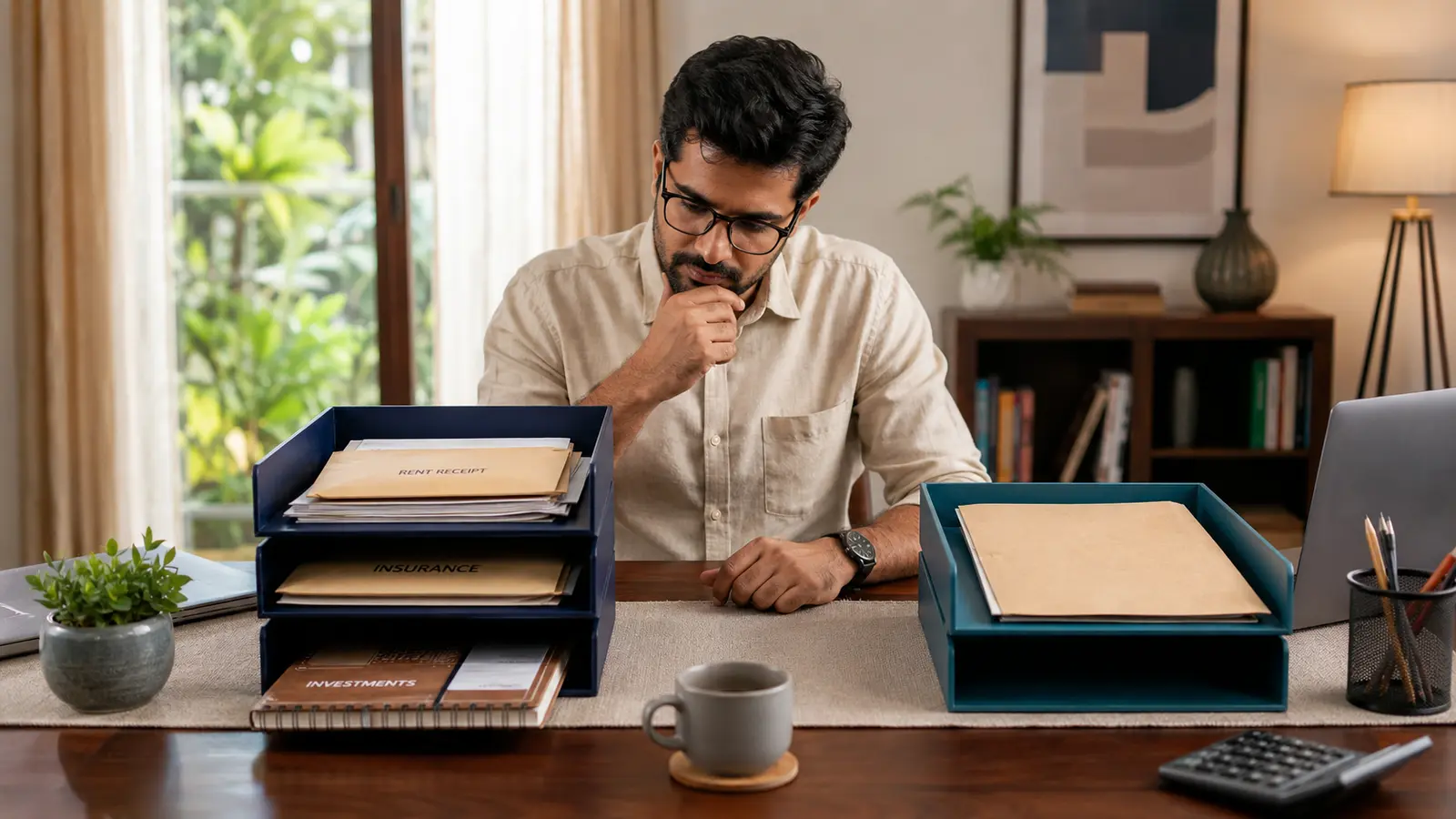 Indian salaried taxpayer comparing deduction documents with a simpler tax regime option
