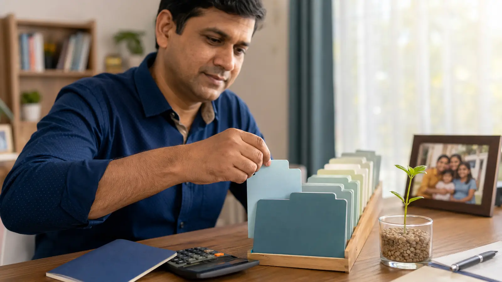 Indian saver organizing a long-term yearly PPF contribution plan at home