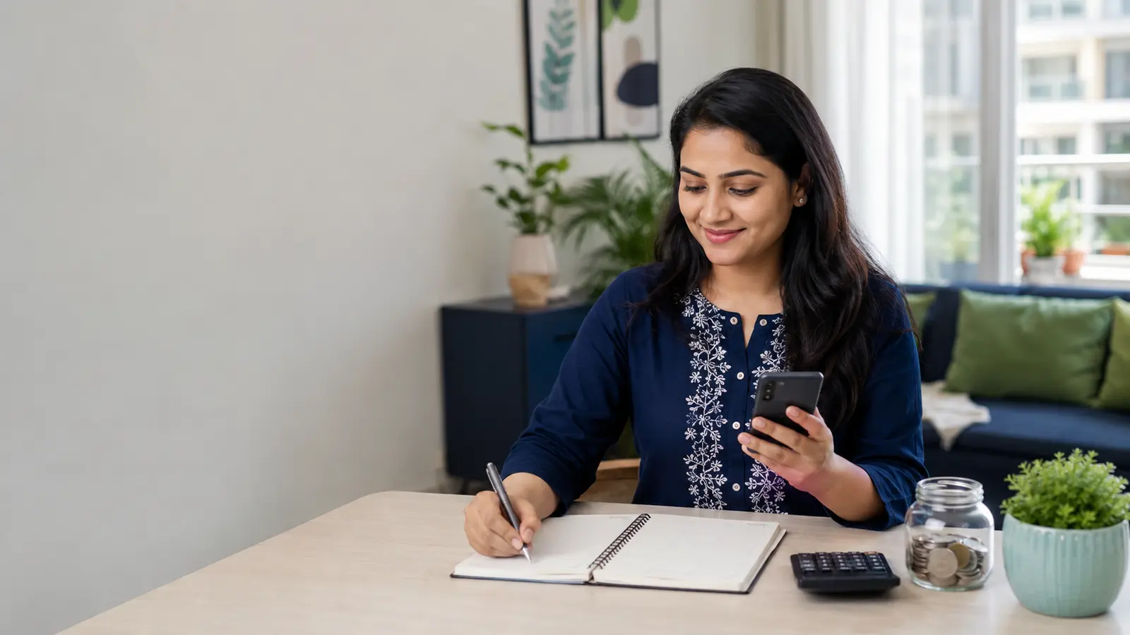 Indian saver planning recurring monthly deposits using a phone, calendar notebook and calculator