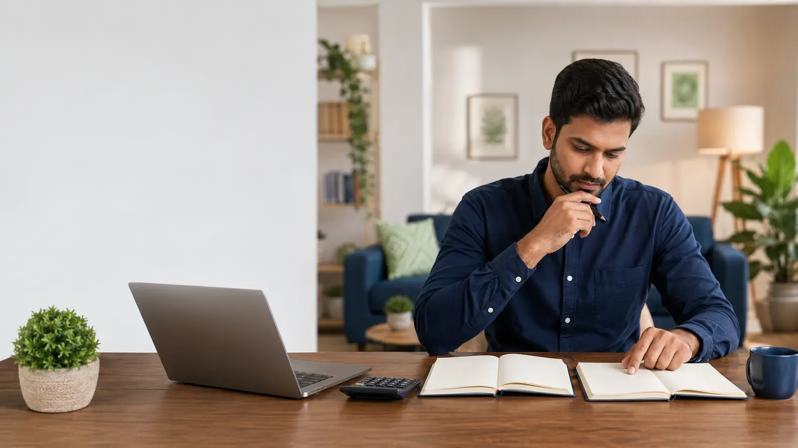 Indian professional comparing two repayment planning notebooks beside a laptop and calculator