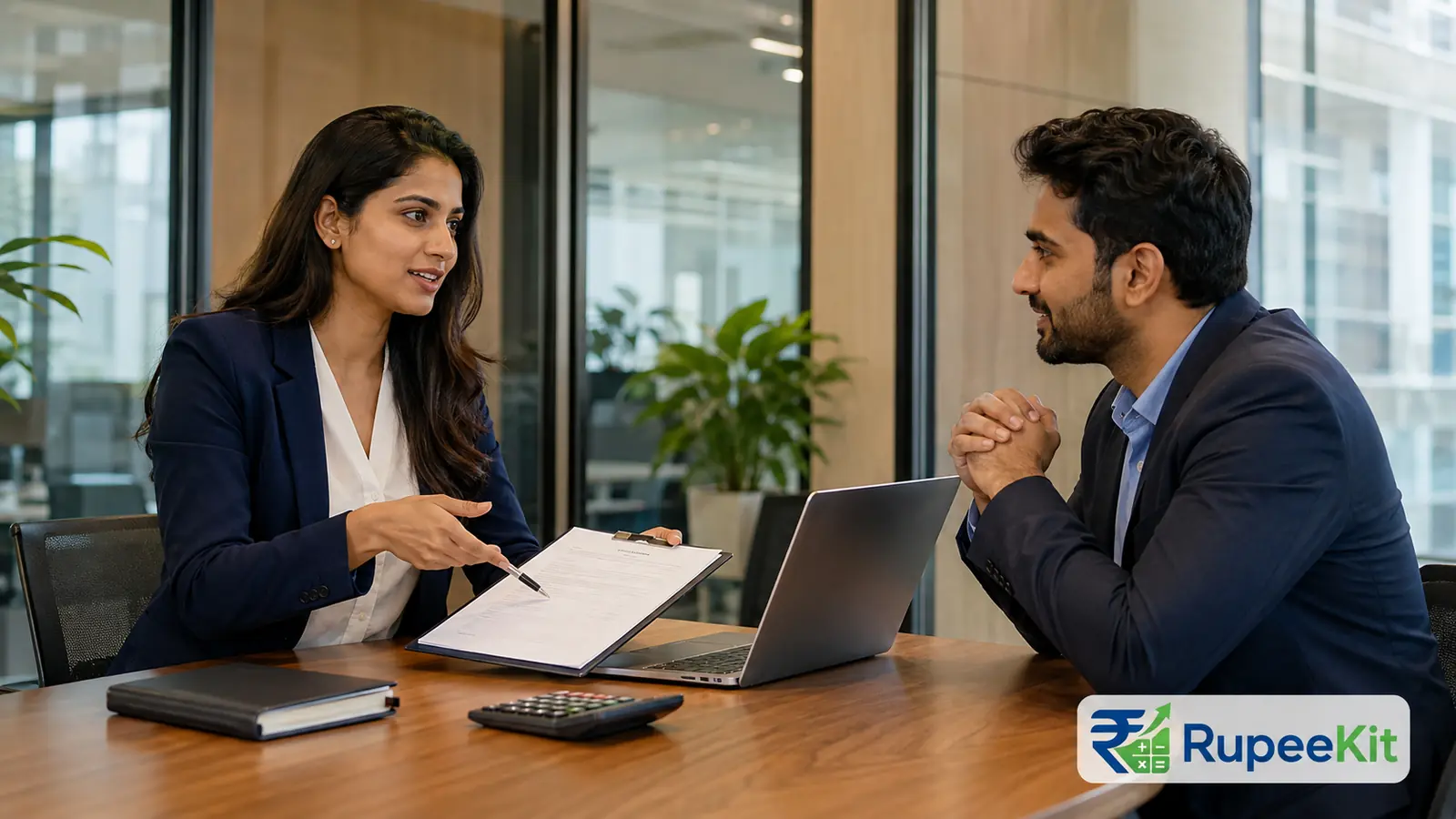 Indian professional discussing a salary offer and total compensation with a hiring manager in a modern office