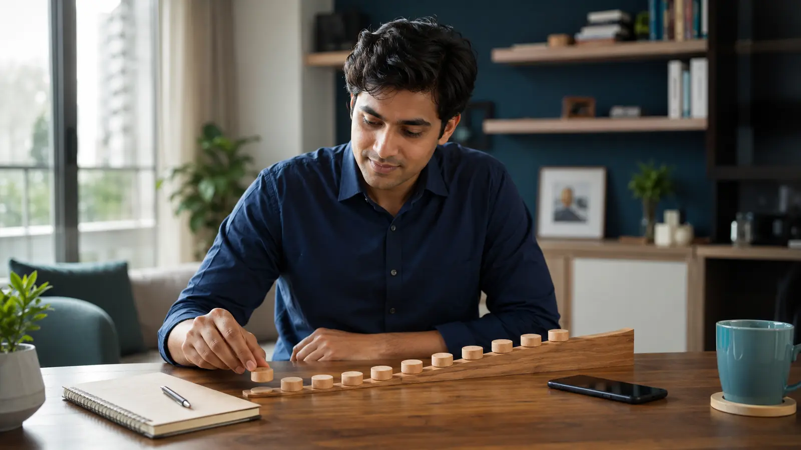 Indian professional arranging monthly investment markers along a gradual growth path